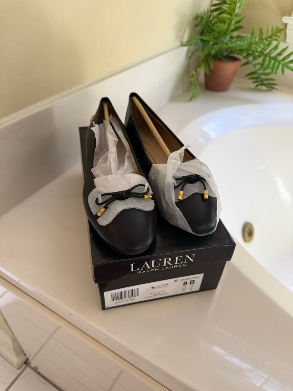 Lauren Ralph Lauren Black Leather Slip-On Loafers with Bow Accent